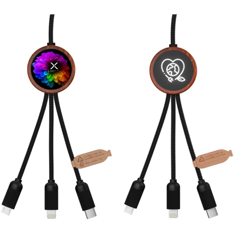40W nabíjecí kabel 5v1 z rPET se svítícím logem a kulatým dřevěným pouzdrem SCX.design C37, hnědá