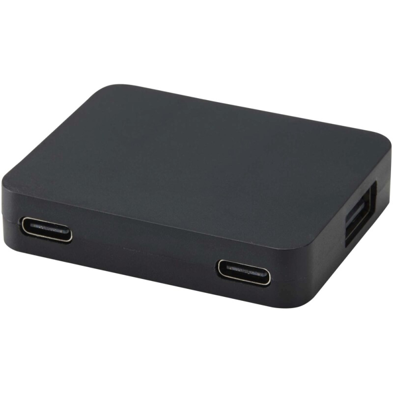 4portový USB hub s výstupy USB-A a Type-C a duálním vstupem – vyrobeno z recyklovaného plastu, černá