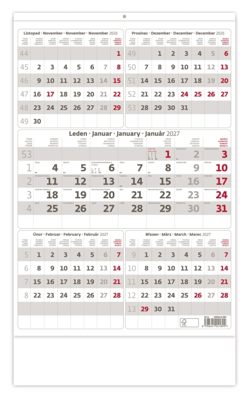 Nástěnný kalendář pětiměsíční šedý 2027