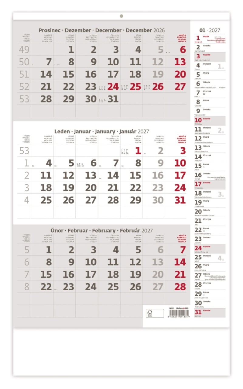 Tříměsíční šedý kalendář s poznámkami 2027