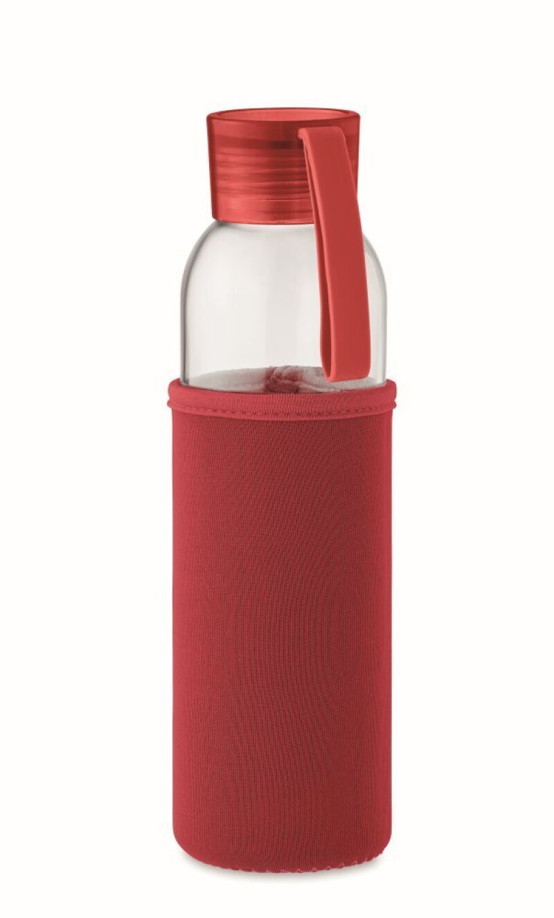 Láhev na pití z recyklovaného skla, neoprenový rukáv, 500ml, červená