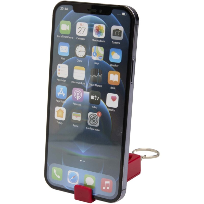Bambusový stojan na telefon s antistresovou hračkou z recyklovaného plastu, červená