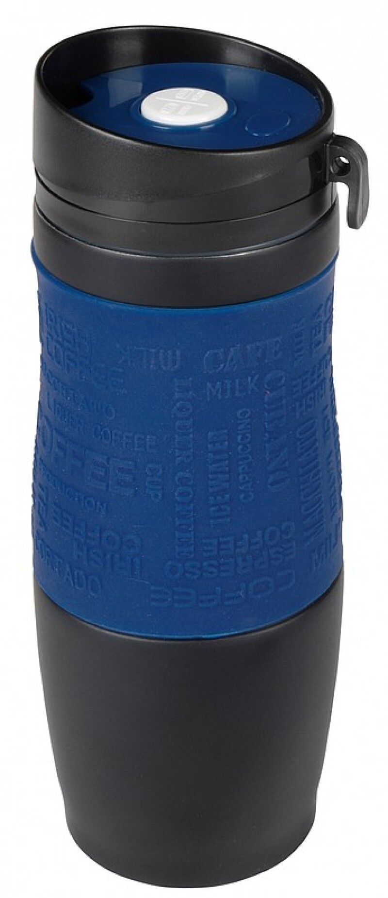 Černý nerezový termohrnek 380ml, s tmavě modrým rukávem