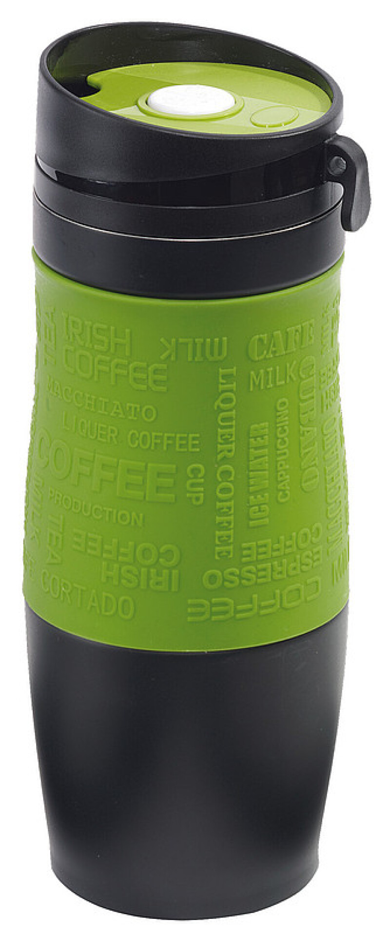 Černý nerezový termohrnek 380ml, se zeleným rukávem