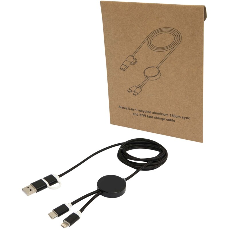 Datový synchronizační a rychlonabíjecí 27W kabel 5 v 1 z recyklovaného hliníku a plastu o délce 150 cm, černá