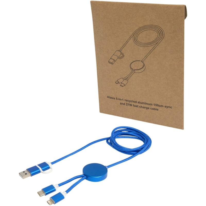 Datový synchronizační a rychlonabíjecí 27W kabel 5 v 1 z recyklovaného hliníku a plastu o délce 150 cm, královská modrá