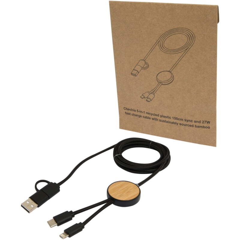 Datový synchronizační a rychlonabíjecí 27W kabel 5 v 1 z recyklovaného plastu o délce 150 cm s bambusovými detaily, černá