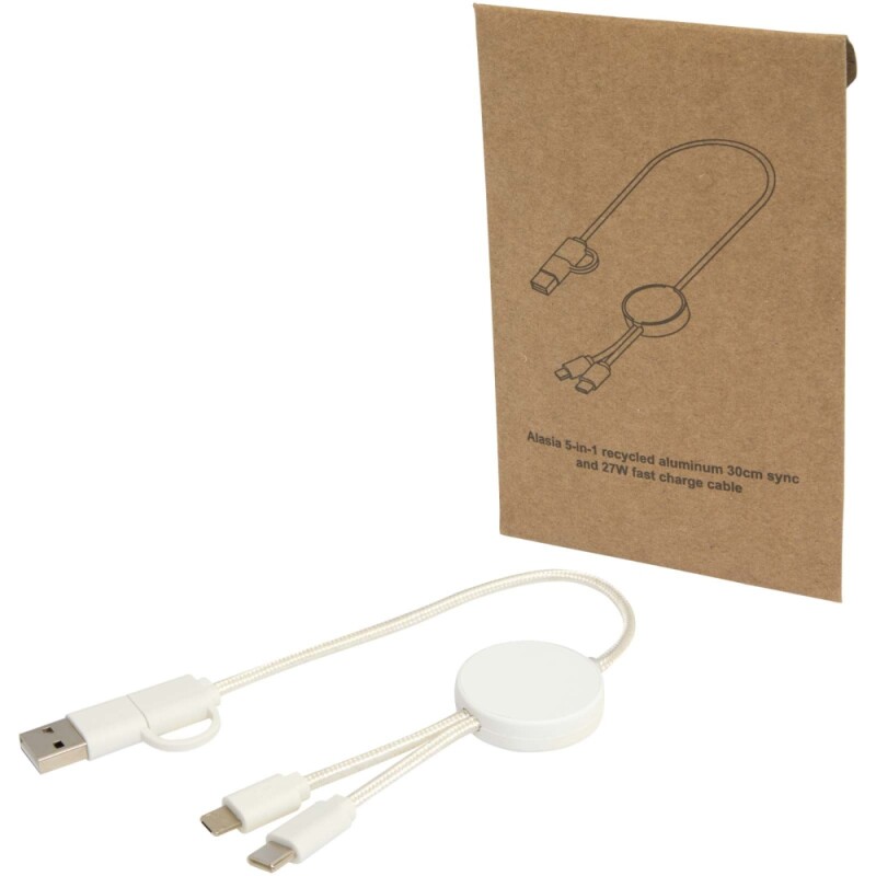 Datový synchronizační a rychlonabíjecí 27W kabel 5 v 1 z recyklovaného plastu o délce 30 cm, bílá
