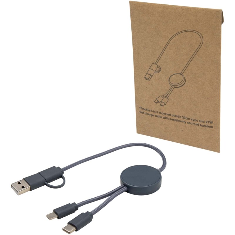 Datový synchronizační a rychlonabíjecí 27W kabel 5 v 1 z recyklovaného plastu o délce 30 cm, modrošedá