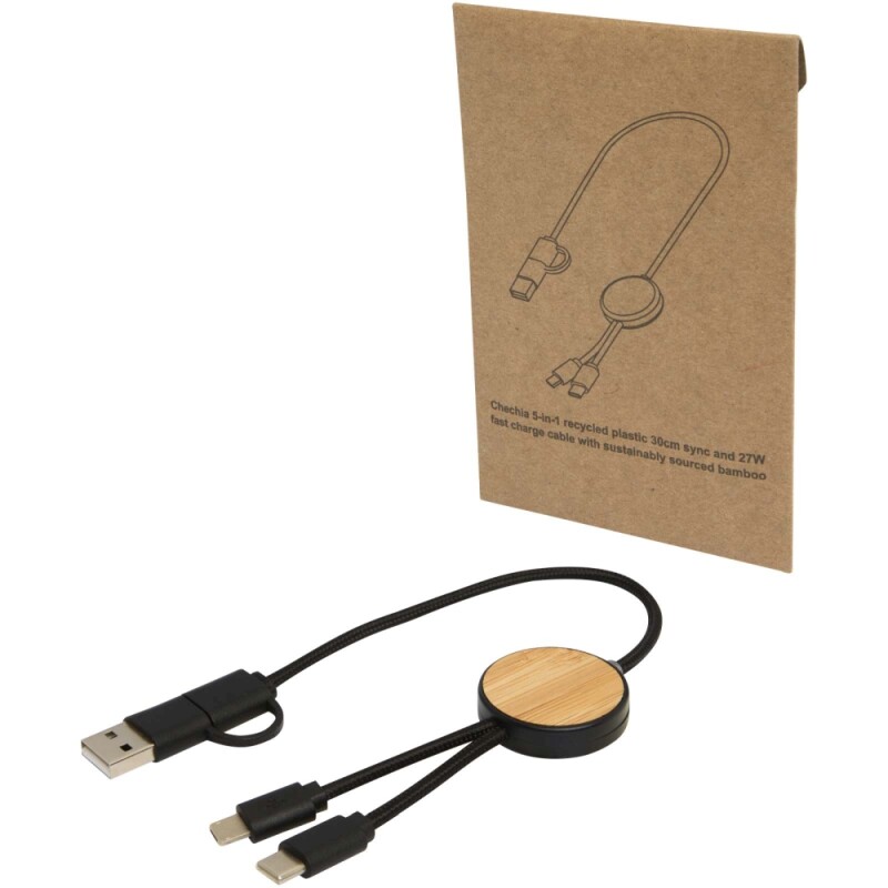 Datový synchronizační a rychlonabíjecí 27W kabel 5 v 1 z recyklovaného plastu o délce 30 cm s bambusovými detaily, černá
