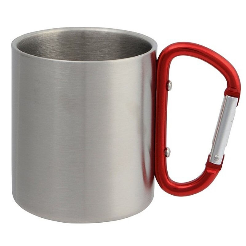 Dvojstěnný stříbrný hrnek s barevným uchem, objem 220 ml, červená