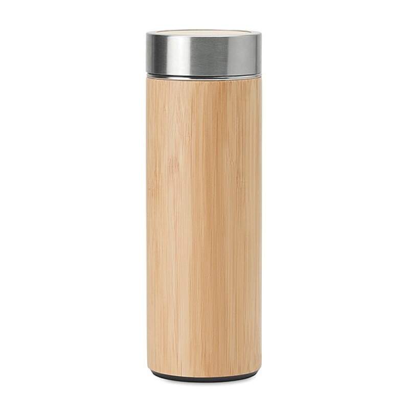 Dvoustěnná nerezová láhev s bambusovým povrchem, 400 ml, přídavný čajový infuzer