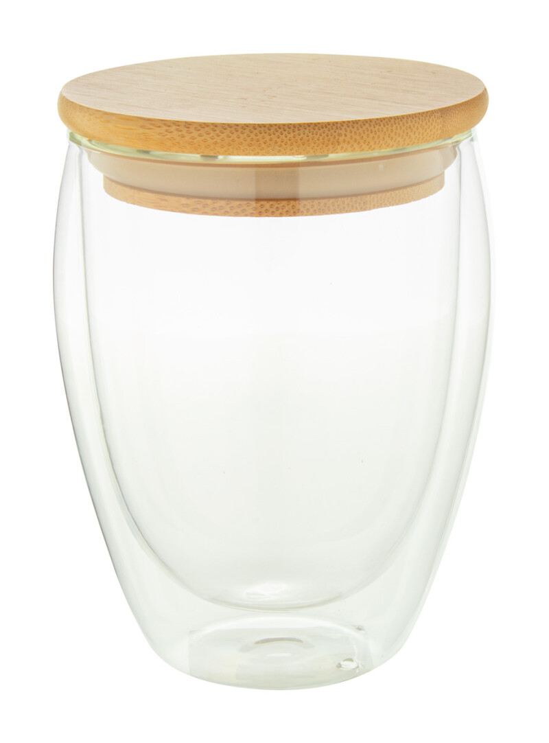 Dvoustěnný skleněný hrnek s bambusovým víčkem, 350ml
