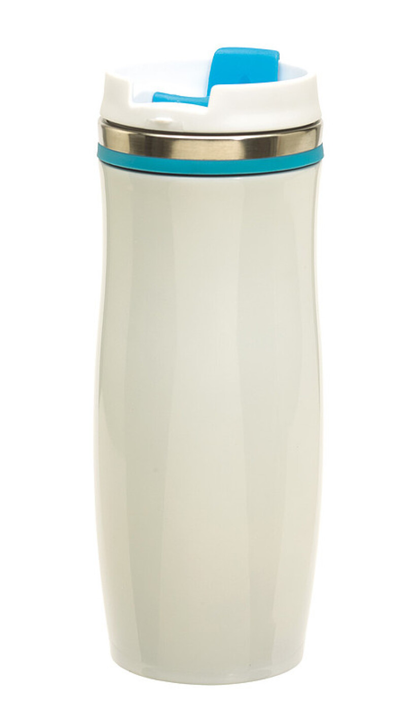 GAMA Bílý nerezový termohrnek s barevným pruhem, 400 ml, světle modrá