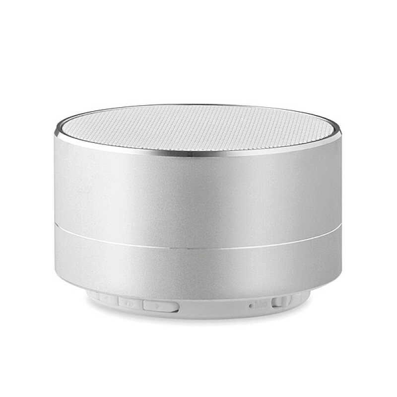 Hliníkový bluetooth reproduktor se světlem na spodní straně, matně stříbrný