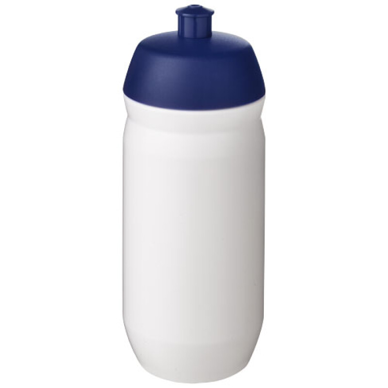 Láhev na pití 500ml, tělo je bílé z pružného plastu, víčko je modré
