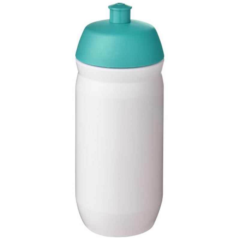 Láhev na pití 500ml, tělo je bílé z pružného plastu, víčko je tyrkysové