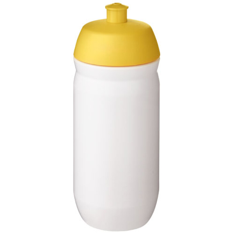 Láhev na pití 500ml, tělo je bílé z pružného plastu, víčko je žluté