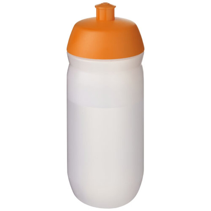 Láhev na pití 500ml, tělo je matně čiré z měkkého plastu, víčko je oranžové