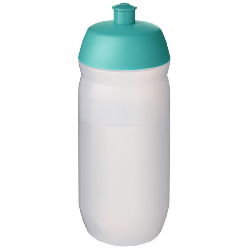 Láhev na pití 500ml, tělo je matně čiré z měkkého plastu, víčko je tyrkysové