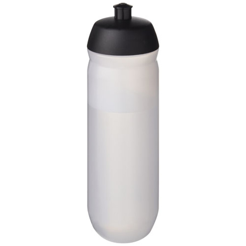 Láhev na pití 750ml, tělo je matně čiré z pružného plastu, víčko je černé