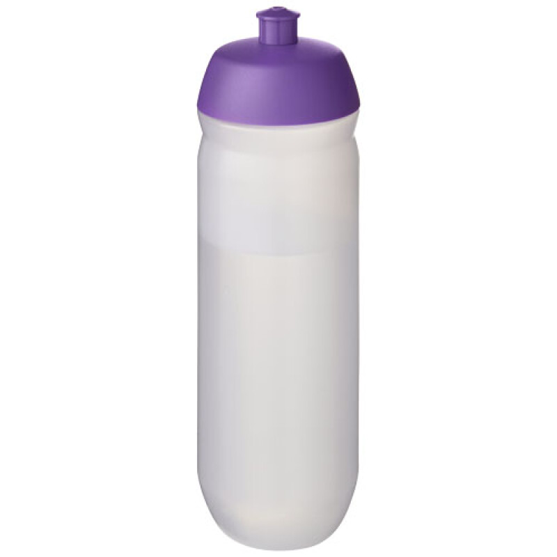 Láhev na pití 750ml, tělo je matně čiré z pružného plastu, víčko je fialové