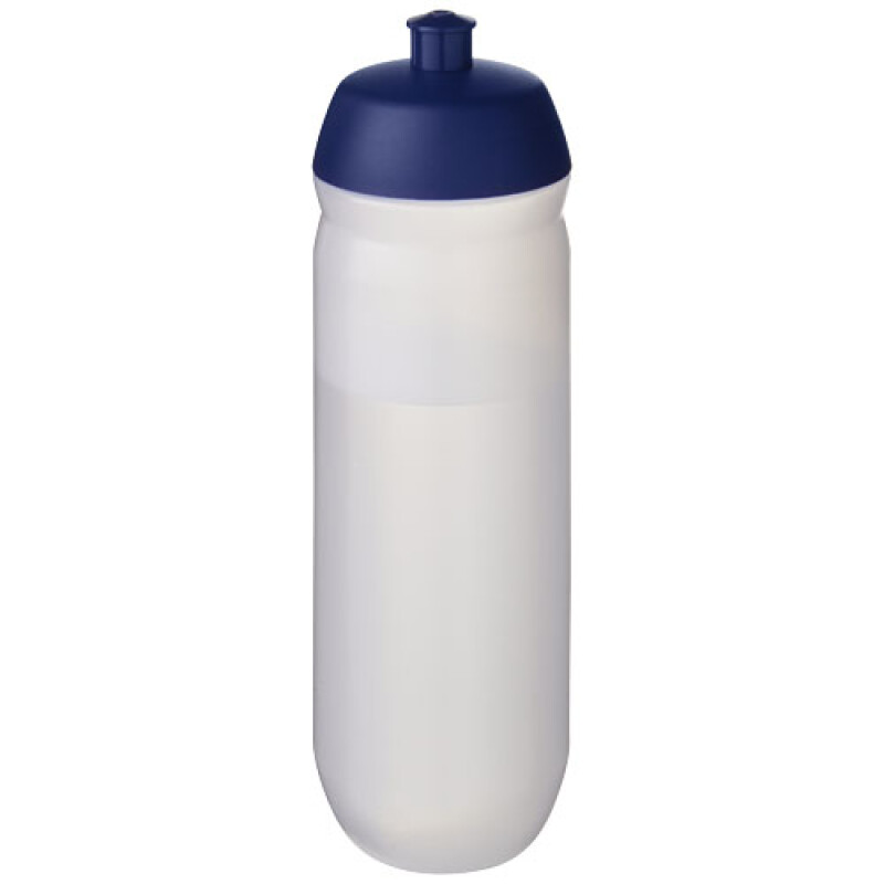 Láhev na pití 750ml, tělo je matně čiré z pružného plastu, víčko je modré