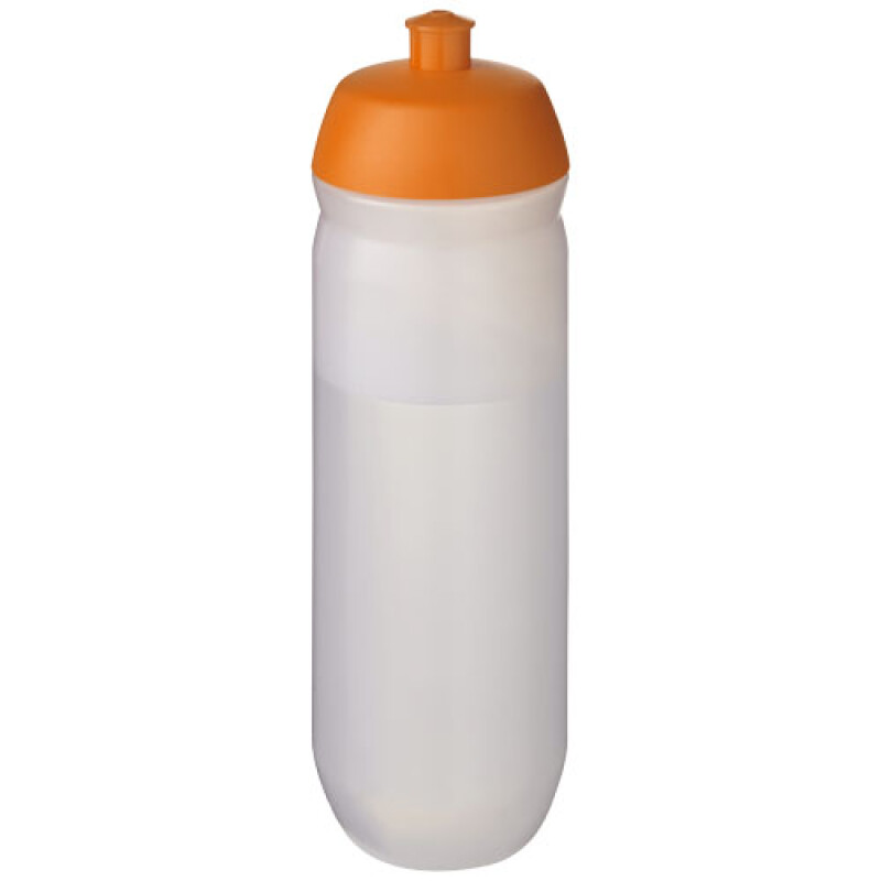 Láhev na pití 750ml, tělo je matně čiré z pružného plastu, víčko je oranžové
