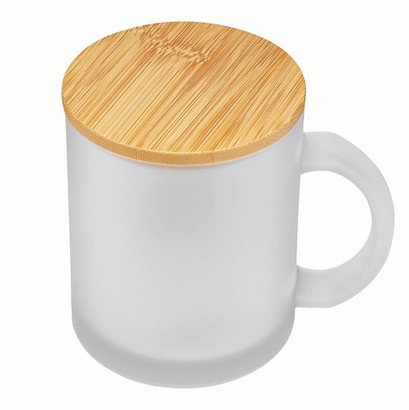Matný skleněný hrnek s uchem a bambusovým víčkem, 330ml