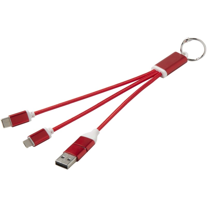 Nabíjecí kabel 4v1 z recyklovaného hliníku s klíčenkou, červená