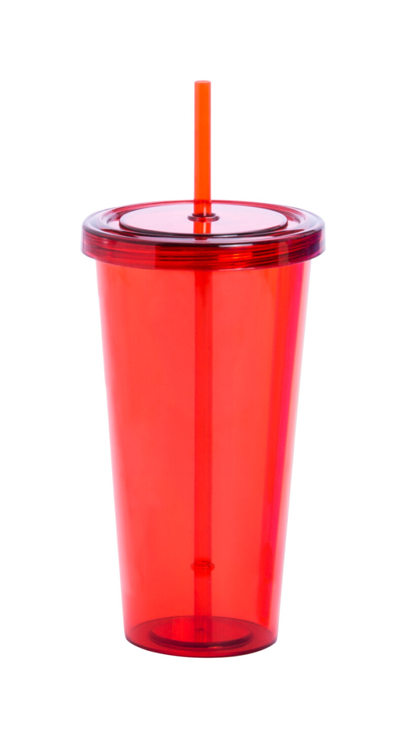 Plastový kelímek na pití s víčkem a brčkem, 750ml, transparentní červený