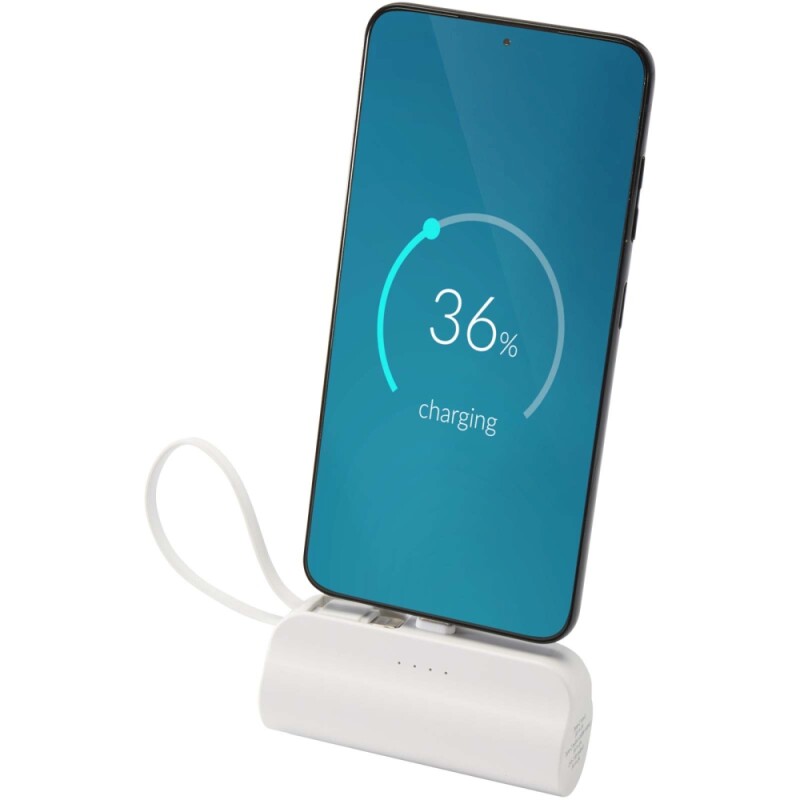 Powerbanka 5000 mAh 10W z recyklovaného plastu s konektorem typu C, výklopným stojánkem a kabelem 2 v 1, bílá