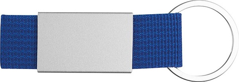 Přívěšek na klíče kombinující barevný textil a nerezový plíšek, modrý