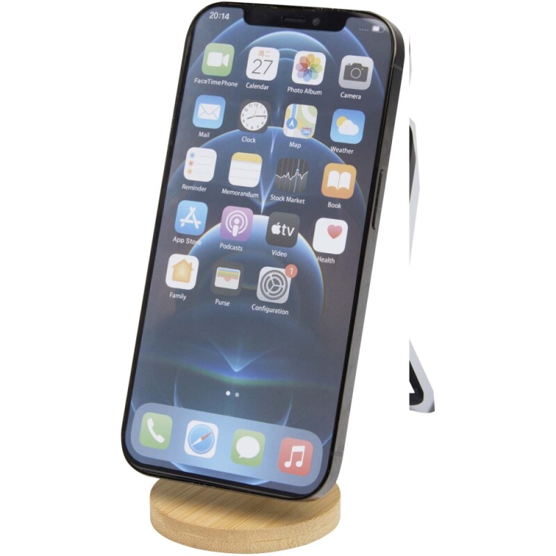 Skládací magnetický stojánek na telefon z recyklovaného plastu s bambusovými detaily, bílá