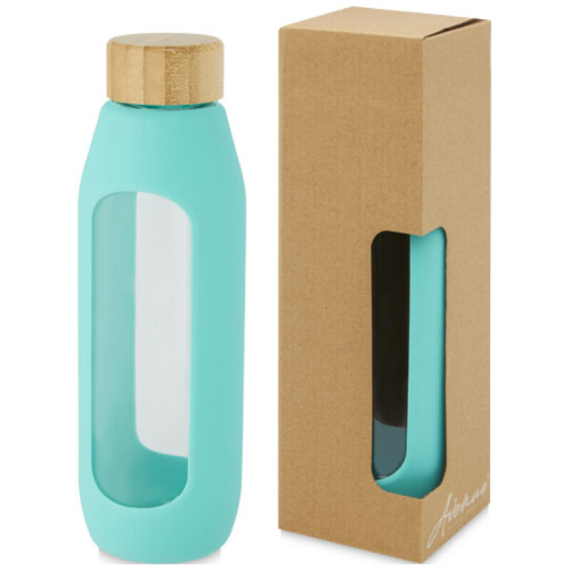 Skleněná láhev, 600ml, s bambusovým víčkem a tyrkysovým silikonovým obalem