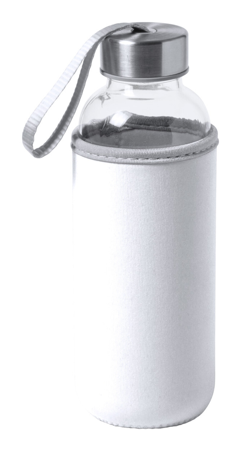 Skleněná láhev na pití, 420ml, bílý neoprenový rukáv