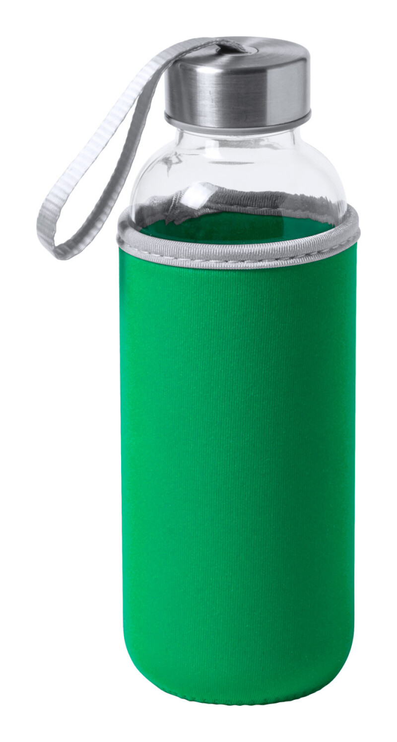 Skleněná láhev na pití, 420ml, zelený neoprenový rukáv