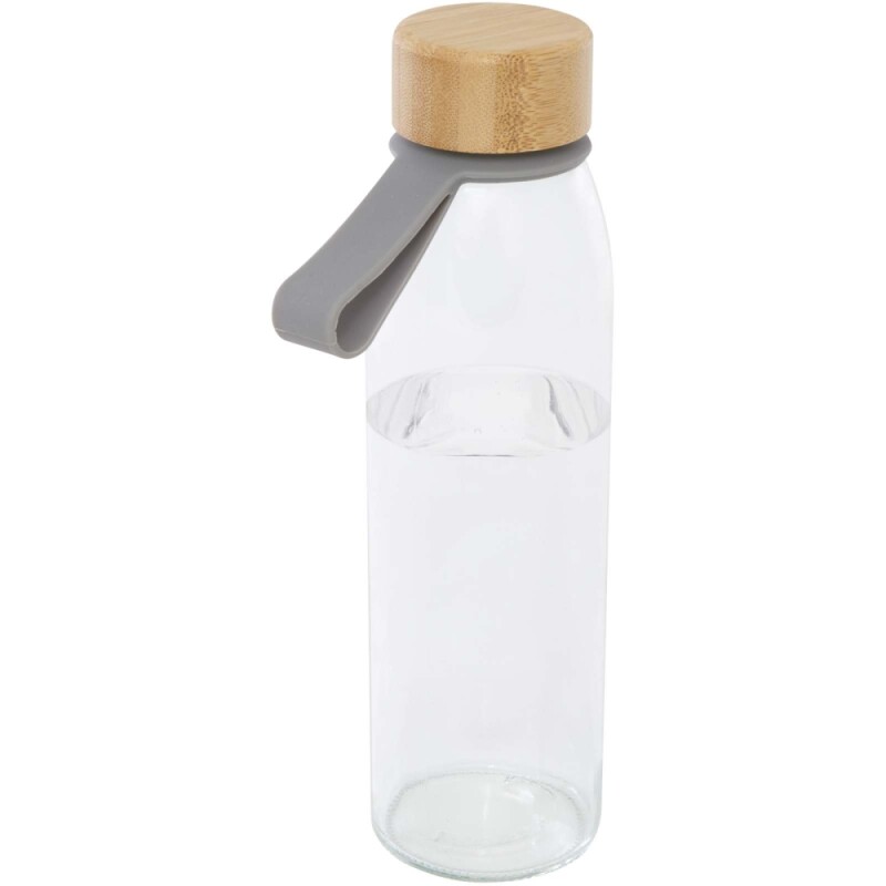 Skleněná láhev na vodu 500 ml se silikonovou rukojetí a bambusovým víčkem, šedá