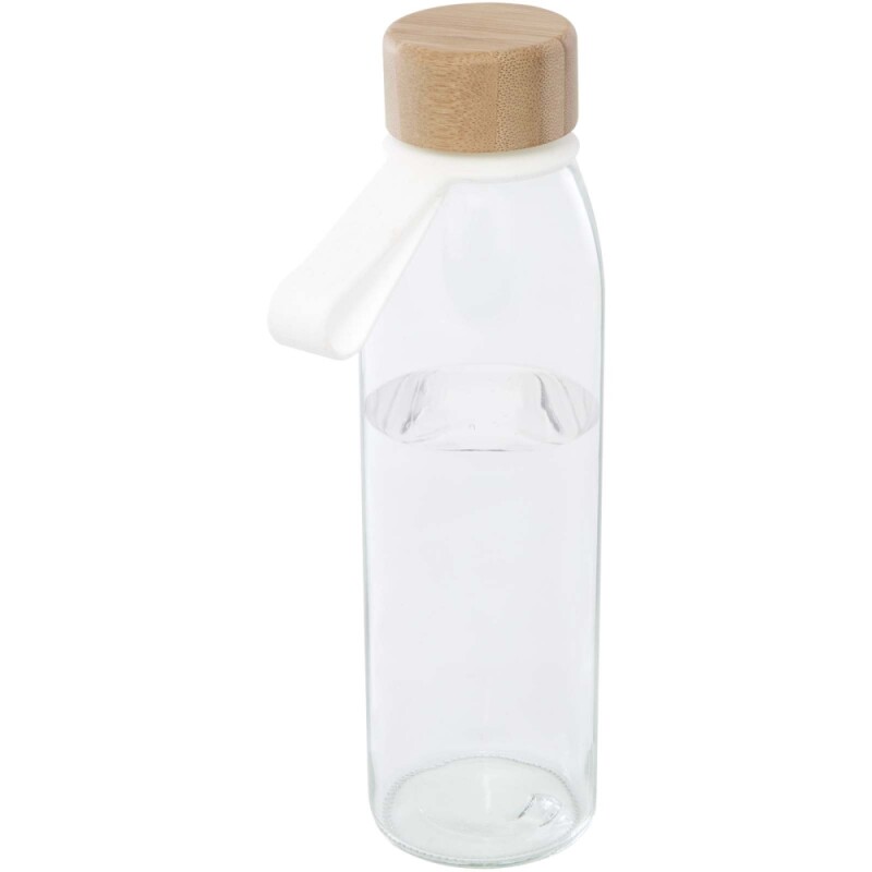 Skleněná láhev na vodu 500 ml se silikonovou rukojetí a bambusovým víčkem, transparentní