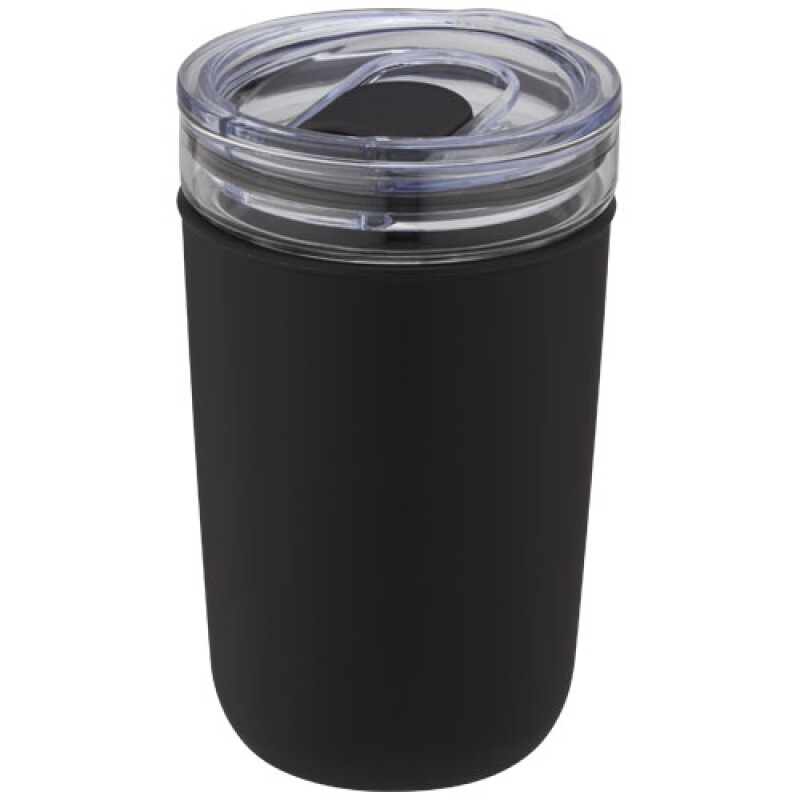 Skleněný hrnek, 420ml, s plastovou vnější stěnou a víčkem, černý