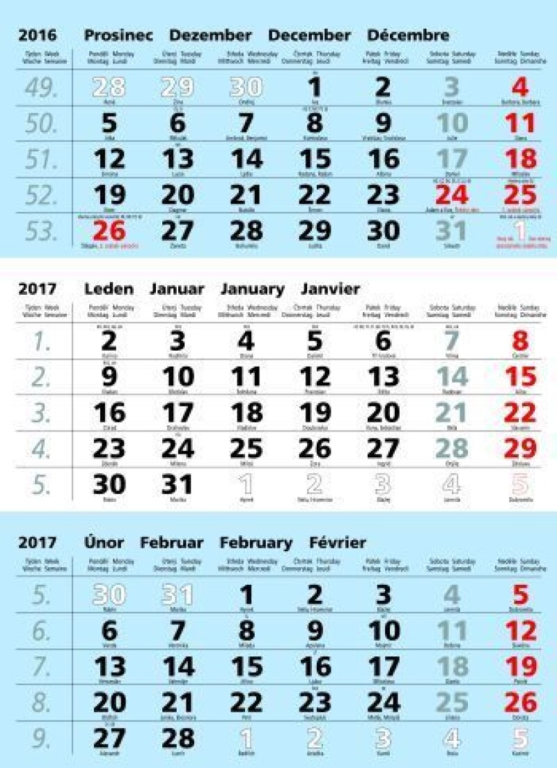 TŘÍMĚSÍČNÍ NÁSTĚNNÝ KALENDÁŘ modrá 2027