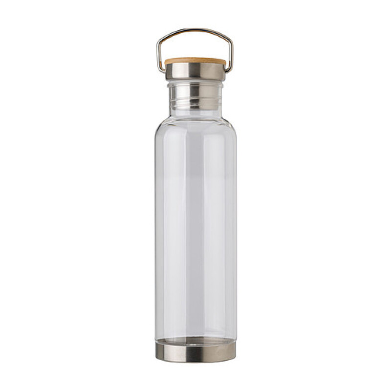 Tritanová láhev na pití, 800ml, detaily z nerezu a bambusu, transp.