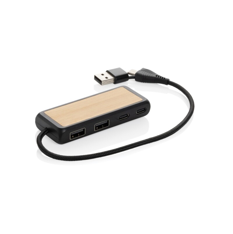 USB rozbočovač s duálním vstupem Link z RCS plastu a bambusu, černá