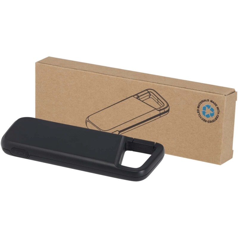 Voděodolná powerbanka z recyklovaného plastu s karabinou, kapacita 5000 mAh, 12 W, černá