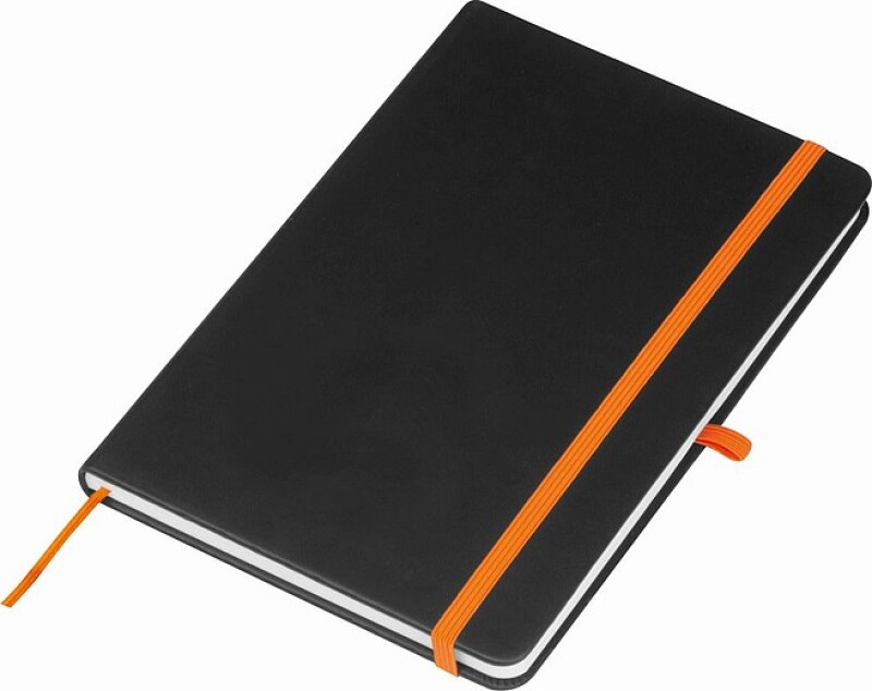 Zápisník A5, černé desky, oranžová gumička