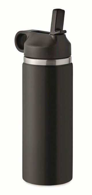 Dvoustěnná láhev na pití z recyklované nerezové oceli s integrovaným brčkem, 500ml, černá