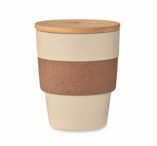 Plastový kelímek 300ml, s korkovým rukávem a bambusovým víčkem, béžový