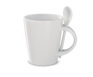 Bílý hrnek se lžičkou, vhodný na sublimaci, 340 ml, bílá