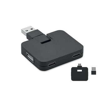 Čtyřportový 2.0 USB rozbočovač z ABS. Výstup: 2x typ A a 2x typ C. Vstup: Typ C a Typ A. Délka kabelu: 20 cm., černá