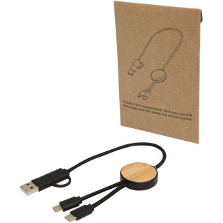 Datový synchronizační a rychlonabíjecí 27W kabel 5 v 1 z recyklovaného plastu o délce 30 cm s bambusovými detaily, černá